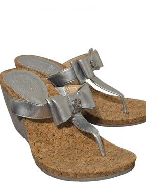 Vince Camuto Silver Bow Cork Wedge Thong Sandals Coastal Beachy Resortwear